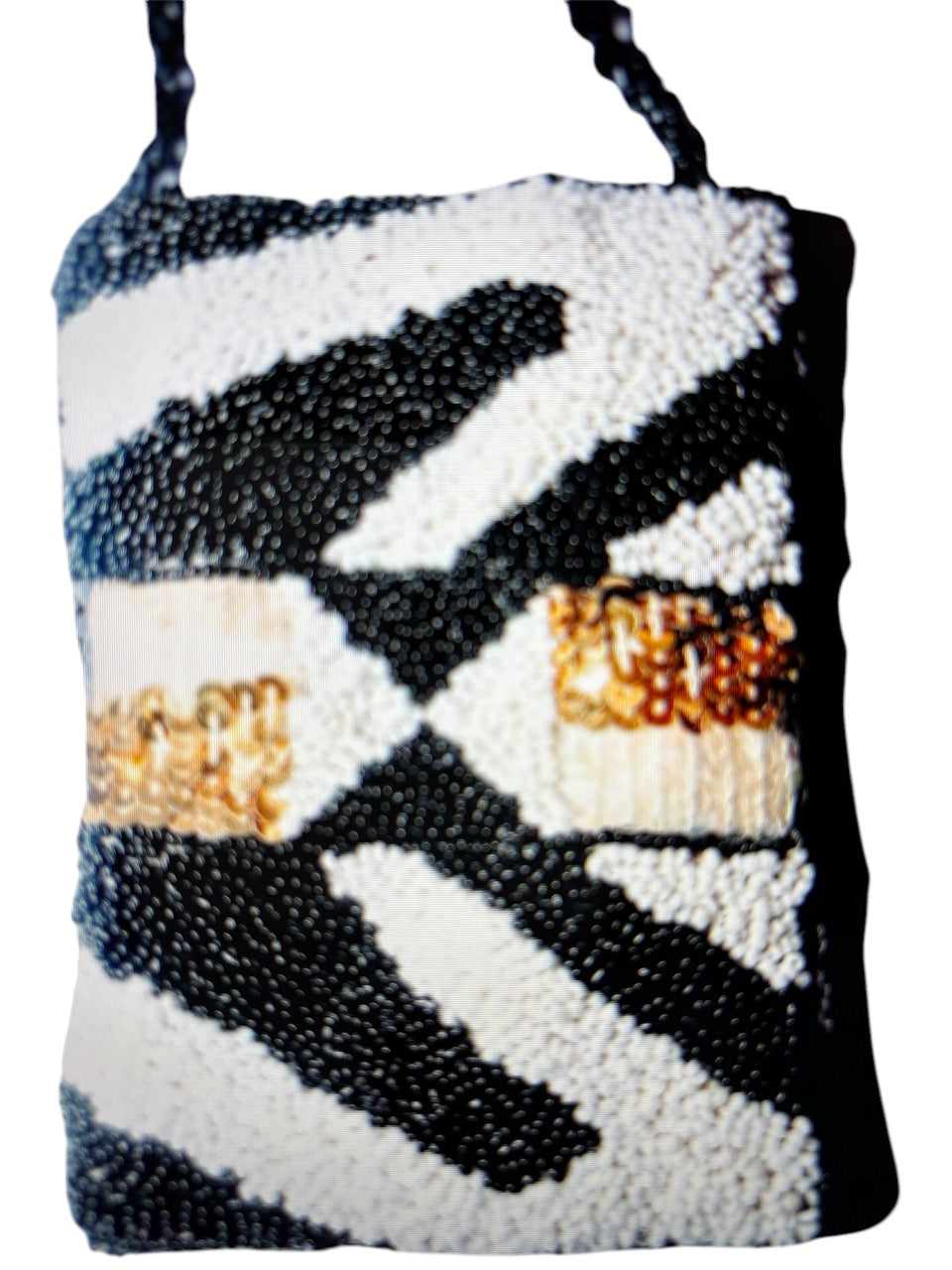 Bolso mini de lentejuelas blanco, oro y negro, con asa larga
