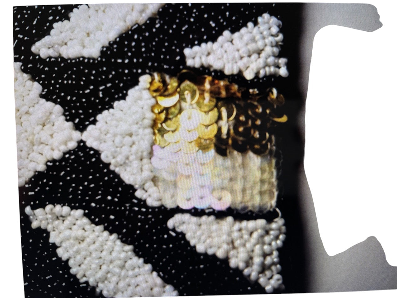 Bolso mini de lentejuelas blanco, oro y negro, con asa larga