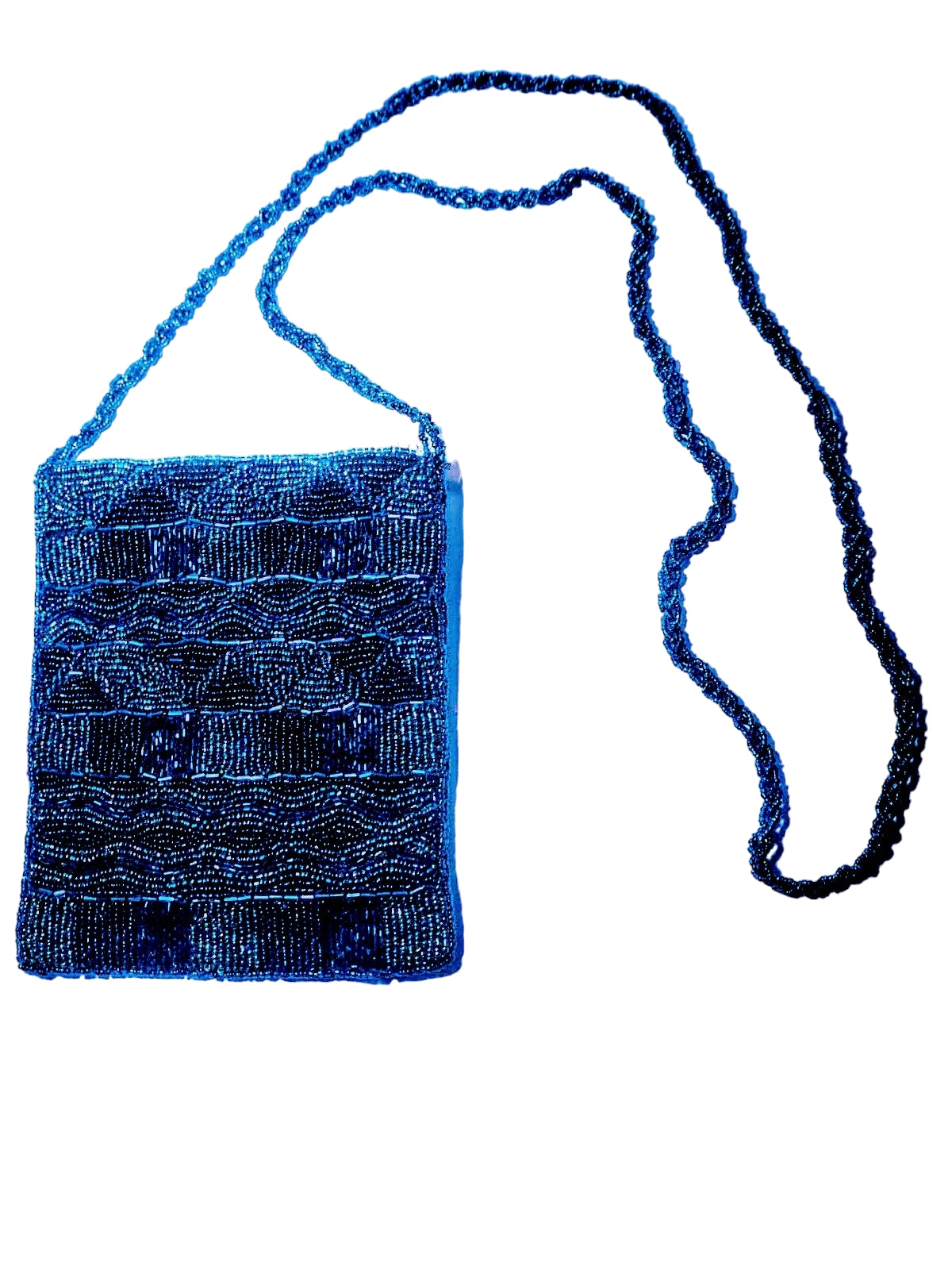 Bolso artesanal de bandolera y para fiesta en color azul marino y detalles de fantasía