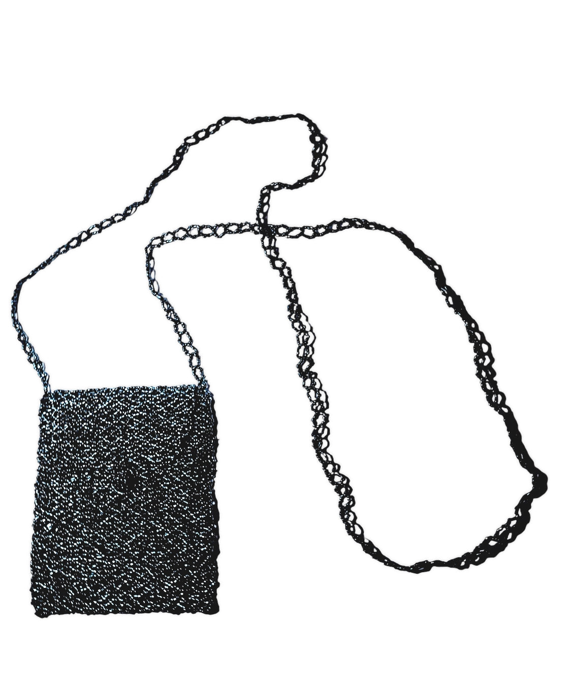 Bolso mini de mano en color negro con asa larga y material de fantasía