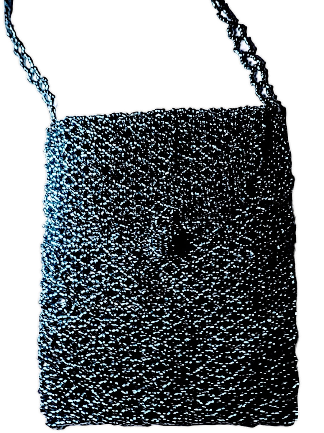 Bolso mini de mano en color negro con asa larga y material de fantasía