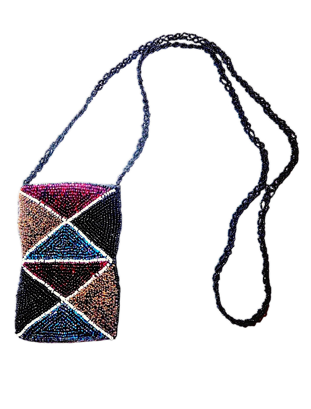 Bolso de fantasía en un mix de colores azul marino, negro, oro y granate. Fácil de combinar. Asa larga para llevar cruzado