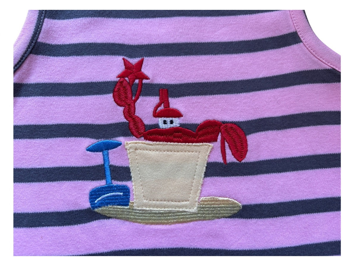Body de tirantes en rosa a rayas en color gris y diseño bordado cangrejo