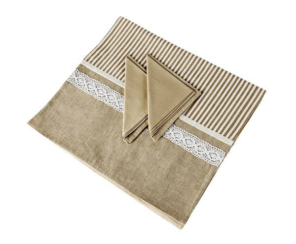 Camino de mesa en clásico color beige y blanco, en algodón y crochet
