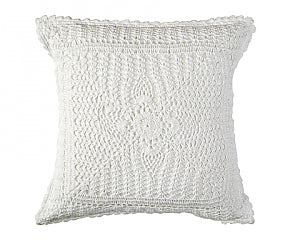 Funda de cojín abierta de crochet en color blanco y cierre con cremallera, 40x40cm.