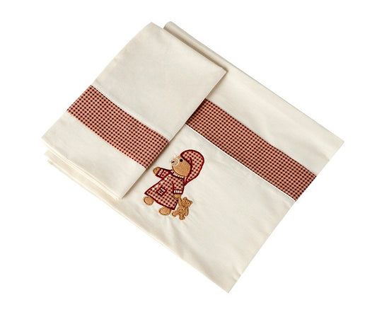 Set sábanas para cuna de bebé de 60 cm (2pz.) en fondo beige y bordado osito, de algodón de primera calidad