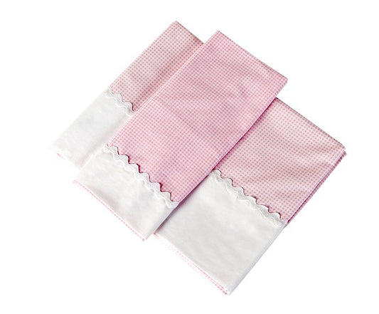 Set sábanas para cuna de bebé de 60 cm (2pz.) en diseño vichy rosa y puntillas blancas, de algodón de primera calidad