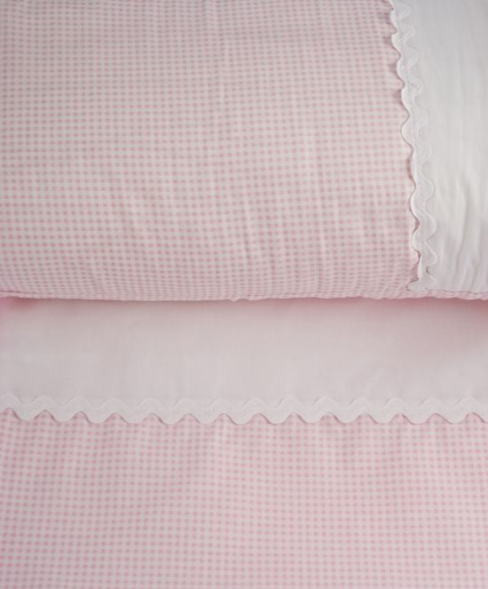 Funda nórdica para bebé en diseño vichy rosa para cuna de 70 y puntillas en blanco